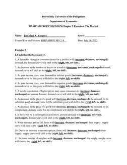Polytechnic University of the Philippines 
Department of Economics 
BASIC MICROECONOMICS Chapter 2 Exercises–The Market 
 
Na
