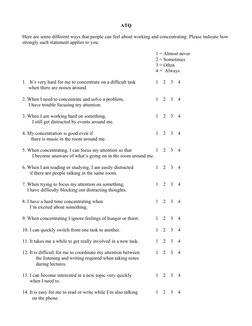 Atq Questionnaire.pdf Attention and Concentration Assessment | PDF | Attention | Thought