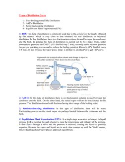 Types of Distillation Curve 
1- True Boiling point(TBP) Distillation 
2- ASTM Distillation 
3- Semi-fractionating Distillat