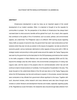 SOUTHEAST METRO MANILA EXPRESSWAY C6 (SEMME/C6)  
   
 
ABSTRACT  
              Infrastructure development is seen by many a
