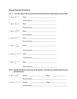 Parent Function Worksheet   
 
# 1- 7     Give the name of the parent function and describe the transformation represented.