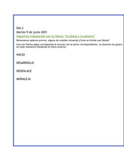 DIA 2
Martes 9 de junio 2021
Seguimos trabajando con la fábula “la abeja y la paloma”
Retomamos saberes previos, al