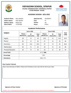 Student's Name
Father's Name
:
: 
: 
:   
Mother's Name
: 
Date of Birth
: 
: 
:
English
Physics
Chemistry
Theory
(40/35/15)