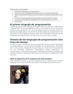Tabla de contenidos 
• 
El primer lenguaje de programación 
• 
Historia de los lenguajes de programación: Una línea de tiempo