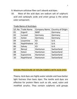 3 
 
9. Maximum cellulose fiber can’t absorb acid dyes. 
10. 
Most of the acid dyes are sodium salt of sulphuric 
acid and ca