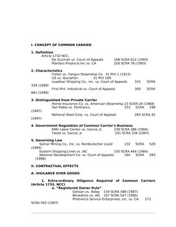 I. CONCEPT OF COMMON CARRIER
1. Definition
Article 1732 NCC,
De Guzman vs. Court of Appeals
168 SCRA 612 (1993)
Planters Prod