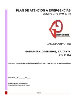 PLAN DE ATENCIÓN A EMERGENCIAS 
ES12876-STPS-PAM-02-R0
NOM-005-STPS-1998
GASOLINERA LOS GEMELOS, S.A. DE C.V.
E.S. 12876
Carr