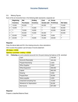 Income Statement 
 
Q1) 
Missing Figures 
Each of the six horizontal lines in the following table represents a separate set