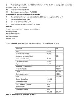 9. 
Purchased equipment for Rs. 10,000 and furniture for Rs. 20,000 by paying 6,000 cash and a 
promissory note for the remai