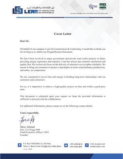 Page 2 of 2 
 
 
 
 
 
 
 
Cover Letter 
 
Dear Sir,  
 
On behalf of our company Lean for Constructions & Contracting, I