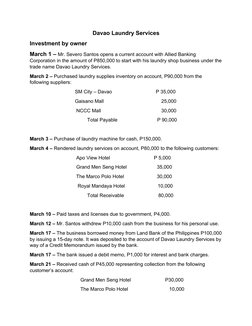 Davao Laundry Services
Investment by owner
March 1 – Mr. Severo Santos opens a current account with Allied Banking 
Corporati