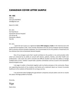 CANADIAN COVER LETTER SAMPLE
Mr. ABC
Address
Cell (123) 45678910
abcd@gmail.com
March 25, 2020
Mr. John
ICU Head Nurse 
Clare