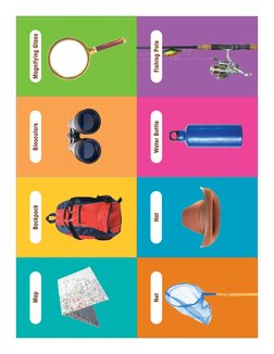Magnifying Glass
Binoculars
Backpack
Map
Fishing Pole
Water Bottle
Hat 
Net
