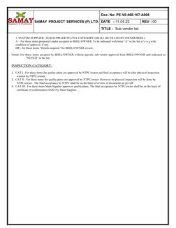 SAMAY PROJECT SERVICES (P) LTD.
Doc. No: PE-V0-468-167-A008
DATE   : 11.05.22
REV : 00
TITLE :  Sub vendor list.
1. SYSTEM SU