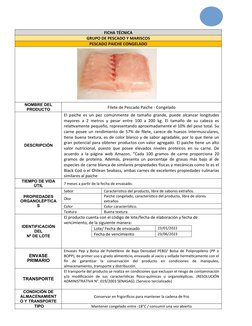 FICHA TÉCNICA
GRUPO DE PESCADO Y MARISCOS 
PESCADO PAICHE CONGELADO 
 
           
NOMBRE DEL
PRODUCTO
Filete de Pescado Paic