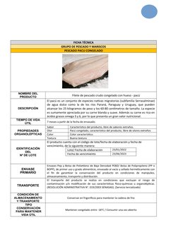 FICHA TÉCNICA
GRUPO DE PESCADO Y MARISCOS 
PESCADO PACU CONGELADO 
 
           
NOMBRE DEL
PRODUCTO