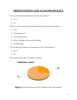 PRESENTATION AND ANALYSIS OF DATA
1. Do you use motivational strategies to motivate your employees?
●
Yes ✓
●
No
2. What are
