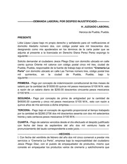 -------------------DEMANDA LABORAL POR DESPIDO INJUSTIFICADO---------------
H. JUZGADO LABORAL
Heroica de Puebla, Puebla.
PRE