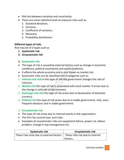 SANTOSH SHARMA 
8 
 
• Risk lies between certainty and uncertainty. 
• There are some statistical tools to measure risks su