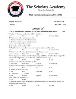 The Scholars Academy 
Taleem Bhi, Tarbiyat Bhi 
 
Mid Term Examination 2021-2022 
 
 
Subject: Mathematics  
 
 
 
 
 
 
Max