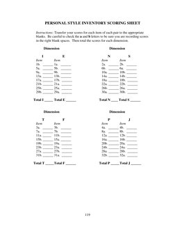 119
PERSONAL STYLE INVENTORY SCORING SHEET 
 
Instructions: Transfer your scores for each item of each pair to the appropri