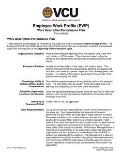 VCU Human Resources 
 
Revised September 2013 
 
 
Created August 2002 
 
Employee Work Profile (EWP) 
Work Description/Perfo