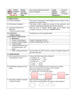 DAILY
                LESSON
                LOG
School
Bicas- Bicas Elementary School
Grade
Grade IV
Teacher