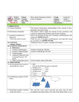 DAILY
                LESSON
                LOG
School
Bicas- Bicas Elementary School
Grade
Grade IV
Teacher