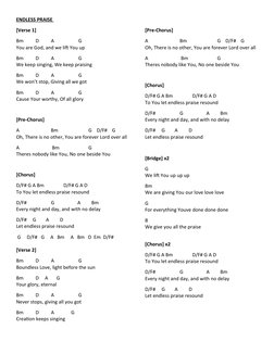 ENDLESS PRAISE 
[Verse 1]
Bm          D          A                    G
You are God, and we lift You up
Bm          D