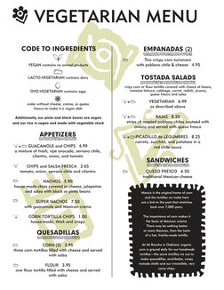 VEGETARIAN MENU
GUACAMOLE and CHIPS   4.99
a mixture of fresh, ripe avocado, serrano chile, 
cilantro, onion, and tomato
CHIP