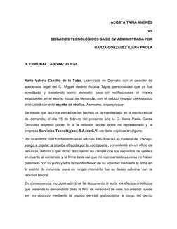 ACOSTA TAPIA ANDRÉS
VS
SERVICIOS TECNOLÓGICOS SA DE CV ADMINISTRADA POR
GARZA GONZÁLEZ ILIANA PAOLA
H. TRIBUNAL LABORAL LOCAL