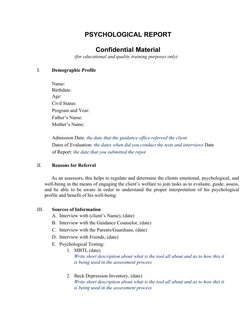 PSYCHOLOGICAL REPORT
Confidential Material
(for educational and quality training purposes only)
I.
Demographic Profile
Name: