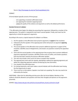 Source: http://homepage.ntu.edu.tw/~karchung/debate1.htm (http://homepage.ntu.edu.tw/~karchung/debate1.htm) 
FORMAT:
A formal