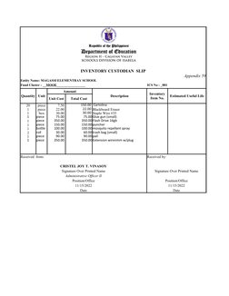 INVENTORY CUSTODIAN  SLIP
Appendix 59
Entity Name: MAGASSI ELEMENTRAY SCHOOL
ICS No : _001
Quantity
Unit
 Amount 
Description