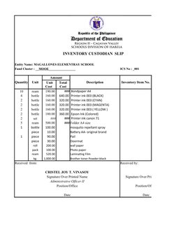 INVENTORY CUSTODIAN  SLIP
Appendix 59
Entity Name: MAGALLONES ELEMENTRAY SCHOOL
ICS No : _001
Quantity
Unit
 Amount 
Descript