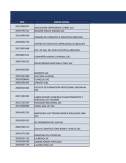 RUC
RAZON SOCIAL
20222040257
ASOCIACION EMPRESARIAL CERRO JULI
20563793121
BEUMER GROUP ANDINA SAC
20124994340
CAMARA DE COME