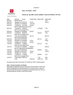 Extratos 2
Página 3
Data
Histórico
Docto.
Crédito (R$)
Débito (R$)
Saldo (R$)
30/12/21
SALDO ANTE
1,00
04/01/22
 Resgate Inv