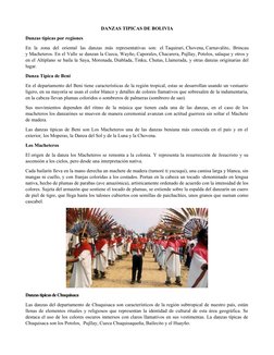 DANZAS TIPICAS DE BOLIVIA
Danzas típicas por regiones 
En  la  zona  del  oriental  las  danzas  más  representativas  son: