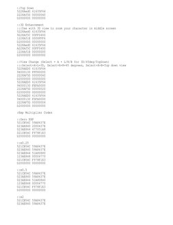 ::Top Down
5228Aed0 61635F64
2228Af5D 00000040
D2000000 00000000
::3D Enhancement
:::Use with 3D view to zoom your character