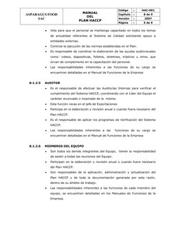 ASPARAGUS FOOD
SAC
MANUAL 
DEL 
PLAN HACCP
Código
:
HAC-001
Capítulo
:
8 de 9
Versión
:
2007
Página
:
5 de 9

Vela para que
