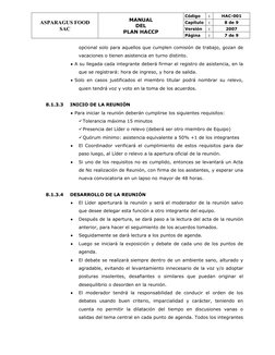 ASPARAGUS FOOD
SAC
MANUAL 
DEL 
PLAN HACCP
Código
:
HAC-001
Capítulo
:
8 de 9
Versión
:
2007
Página
:
7 de 9
opcional solo pa