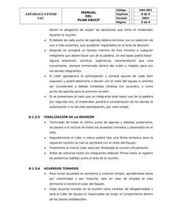 ASPARAGUS FOOD
SAC
MANUAL 
DEL 
PLAN HACCP
Código
:
HAC-001
Capítulo
:
8 de 9
Versión
:
2007
Página
:
8 de 9
tienen la obliga