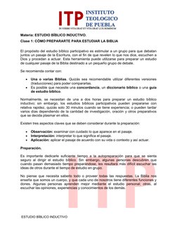 ESTUDIO BÍBLICO INDUCTIVO 
Materia: ESTUDIO BÍBLICO INDUCTIVO. 
Clase 1: CÓMO PREPARARTE PARA ESTUDIAR LA BIBLIA 
 
El p