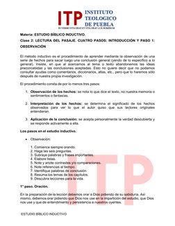 ESTUDIO BÍBLICO INDUCTIVO 
Materia: ESTUDIO BÍBLICO INDUCTIVO. 
Clase 2: LECTURA DEL PASAJE. CUATRO PASOS: INTRODUCCIÓN