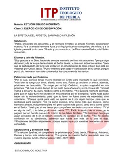 ESTUDIO BÍBLICO INDUCTIVO 
Materia: ESTUDIO BÍBLICO INDUCTIVO. 
Clase 3: EJERCICIOS DE OBSERVACIÓN.  
 
LA EPÍSTOLA DEL