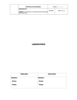 PROTOCOLO DE VALIDACIÓN
CÓDIGO: ---------------
PROTOCOLO N°:
NOMBRE: VALIDACIÓN DE LA CUANTIFICACIÓN DE PRINCIPIO
ACTIVO POR