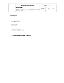 PROTOCOLO DE VALIDACIÓN
CÓDIGO: ---------------
PROTOCOLO N°:
NOMBRE: VALIDACIÓN DE LA CUANTIFICACIÓN DE PRINCIPIO
ACTIVO POR