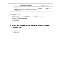 PROTOCOLO DE VALIDACIÓN
CÓDIGO: ---------------
PROTOCOLO N°:
NOMBRE: VALIDACIÓN DE LA CUANTIFICACIÓN DE PRINCIPIO
ACTIVO POR