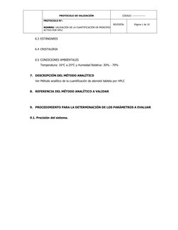 PROTOCOLO DE VALIDACIÓN
CÓDIGO: ---------------
PROTOCOLO N°:
NOMBRE: VALIDACIÓN DE LA CUANTIFICACIÓN DE PRINCIPIO
ACTIVO POR
