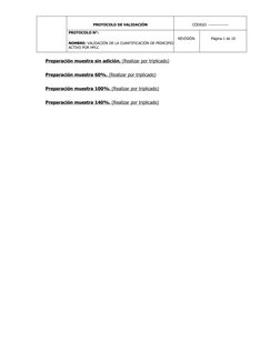 PROTOCOLO DE VALIDACIÓN
CÓDIGO: ---------------
PROTOCOLO N°:
NOMBRE: VALIDACIÓN DE LA CUANTIFICACIÓN DE PRINCIPIO
ACTIVO POR